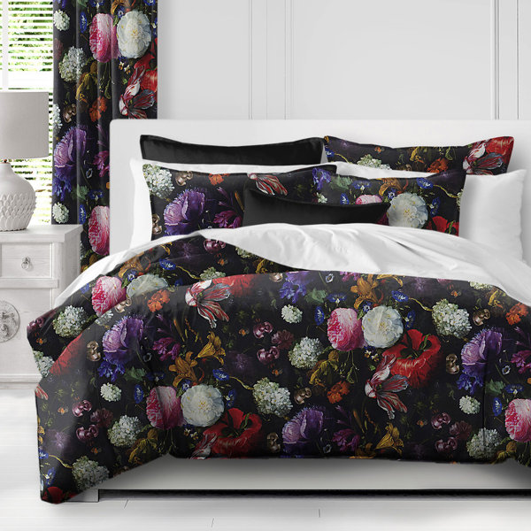 Rachel's Bouquet Black/Floral Super Queen Duvet Cover & 2 Pillow Shams Set